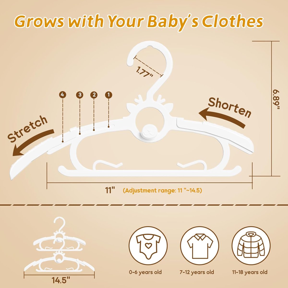PIGLOG Baby Hangers for Nursery, 60-Pack Extendable, 11–14 in, White