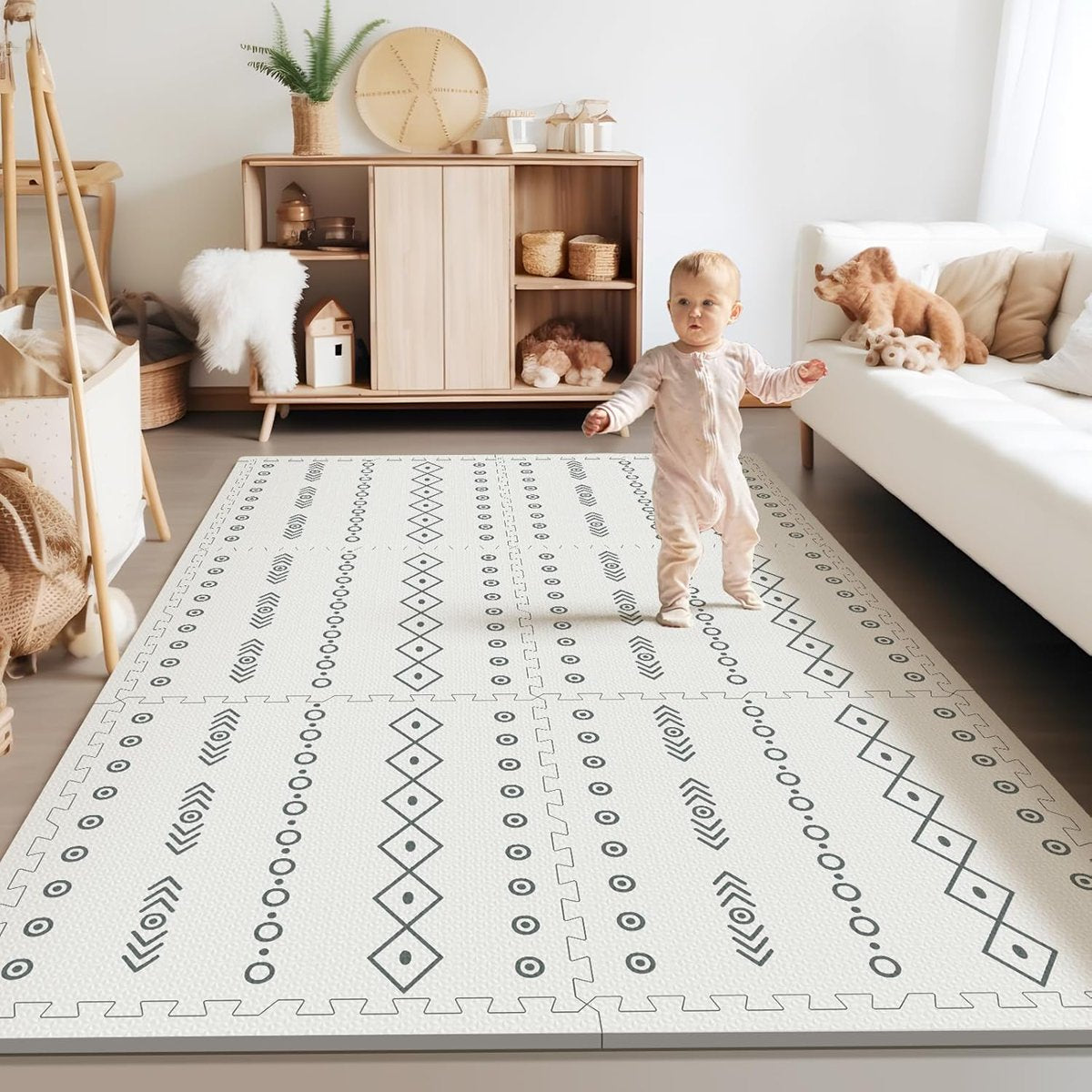 Interlocking foam floor tiles with a child playing