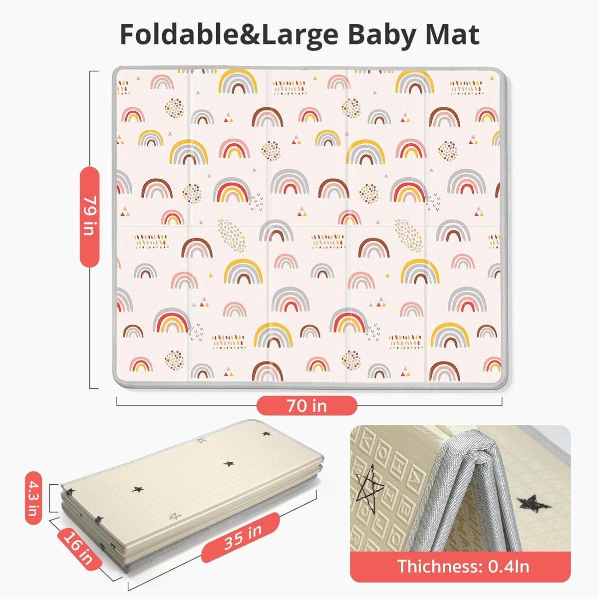 PIGLOG Baby Play Mat for Tummy Time, Foldable Rainbow & Stars, 79 x 71 in
