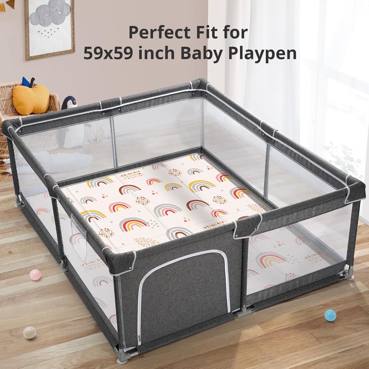PIGLOG Baby Play Mat for Tummy Time, Foldable Rainbow, 71 x 59 in