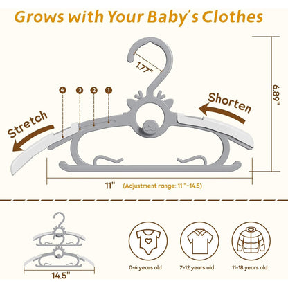 PIGLOG Baby Hangers for Nursery, 60-Pack Extendable, 11–14 in, Grey
