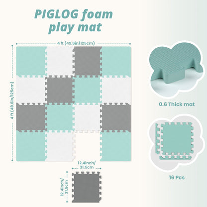PIGLOG Foam Floor Tiles for Playrooms, 16 EVA Pieces, 47.2 x 47.2 in
