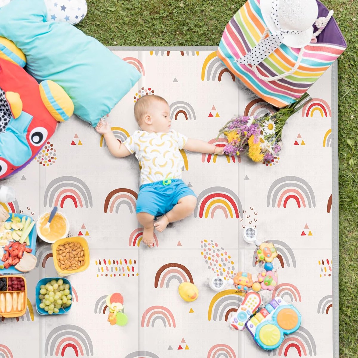 PIGLOG Baby Play Mat for Tummy Time, Foldable Rainbow & Stars, 79 x 71 in