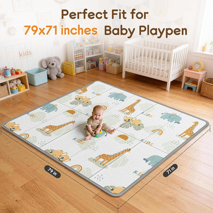 PIGLOG Baby Play Mat for Crawling, Foldable Giraffe & Elephant, 79 x 71 in