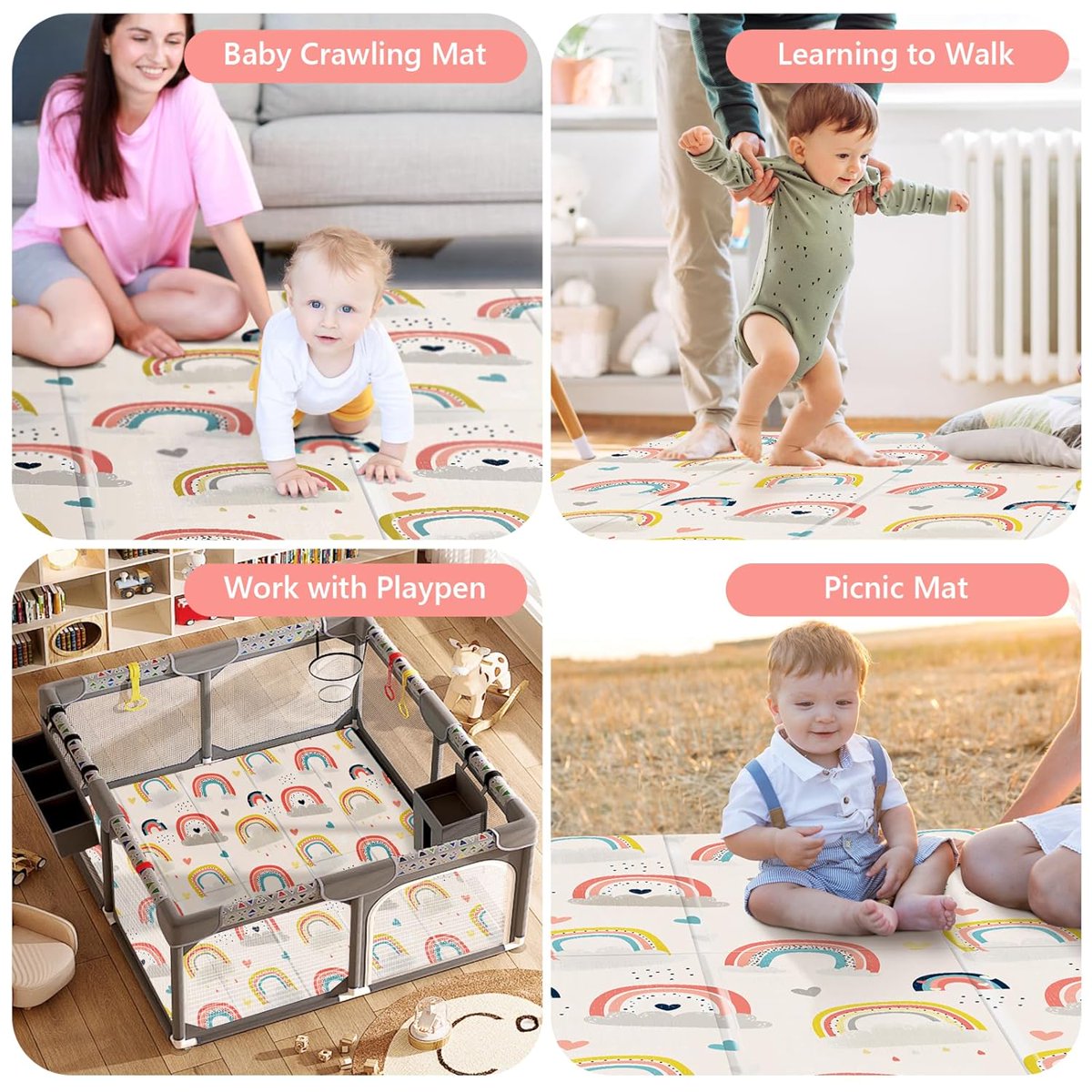 PIGLOG Baby Play Mat for Tummy Time, Foldable Rainbow, 59 x 59 in