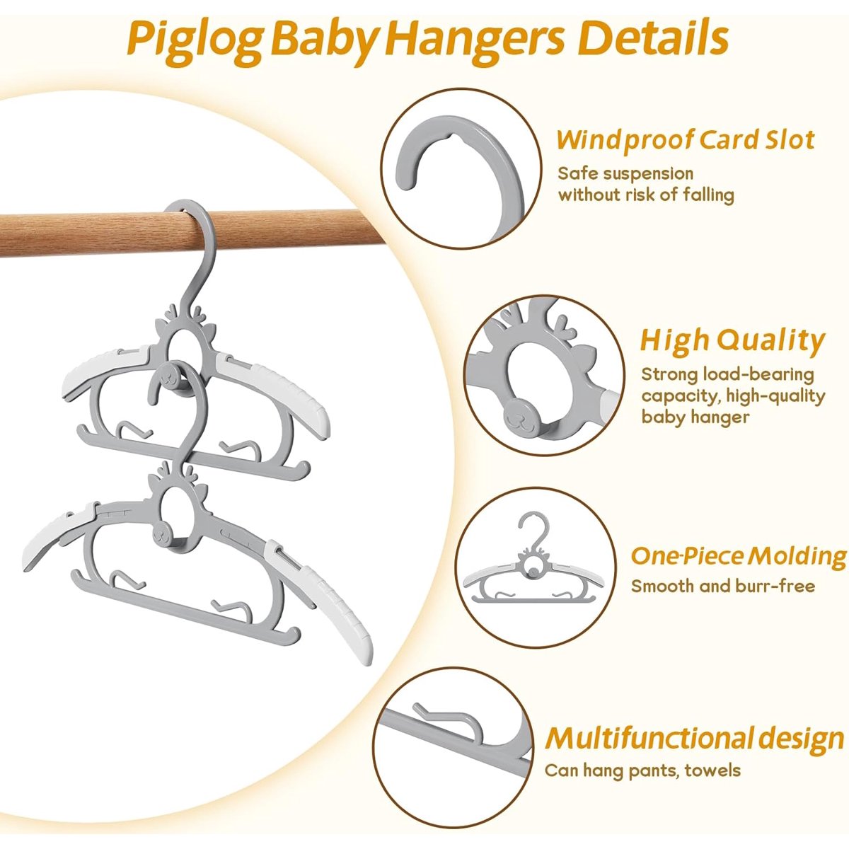 PIGLOG Baby Hangers for Nursery, 60-Pack Extendable, 11–14 in, Grey