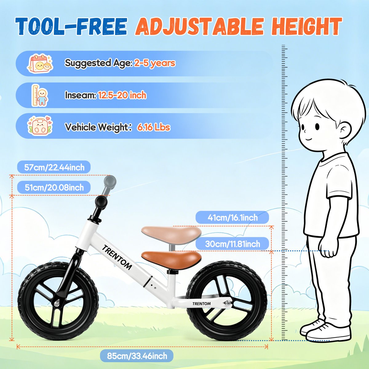 PIGLOG Balance Bike for First Rides, Tool-Free Fit, White, Ages 2–5