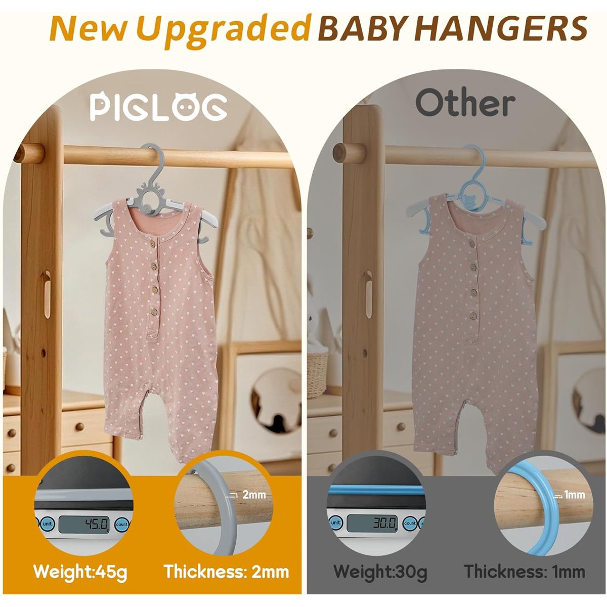 PIGLOG Baby Hangers for Nursery, 60-Pack Extendable, 11–14 in, Grey