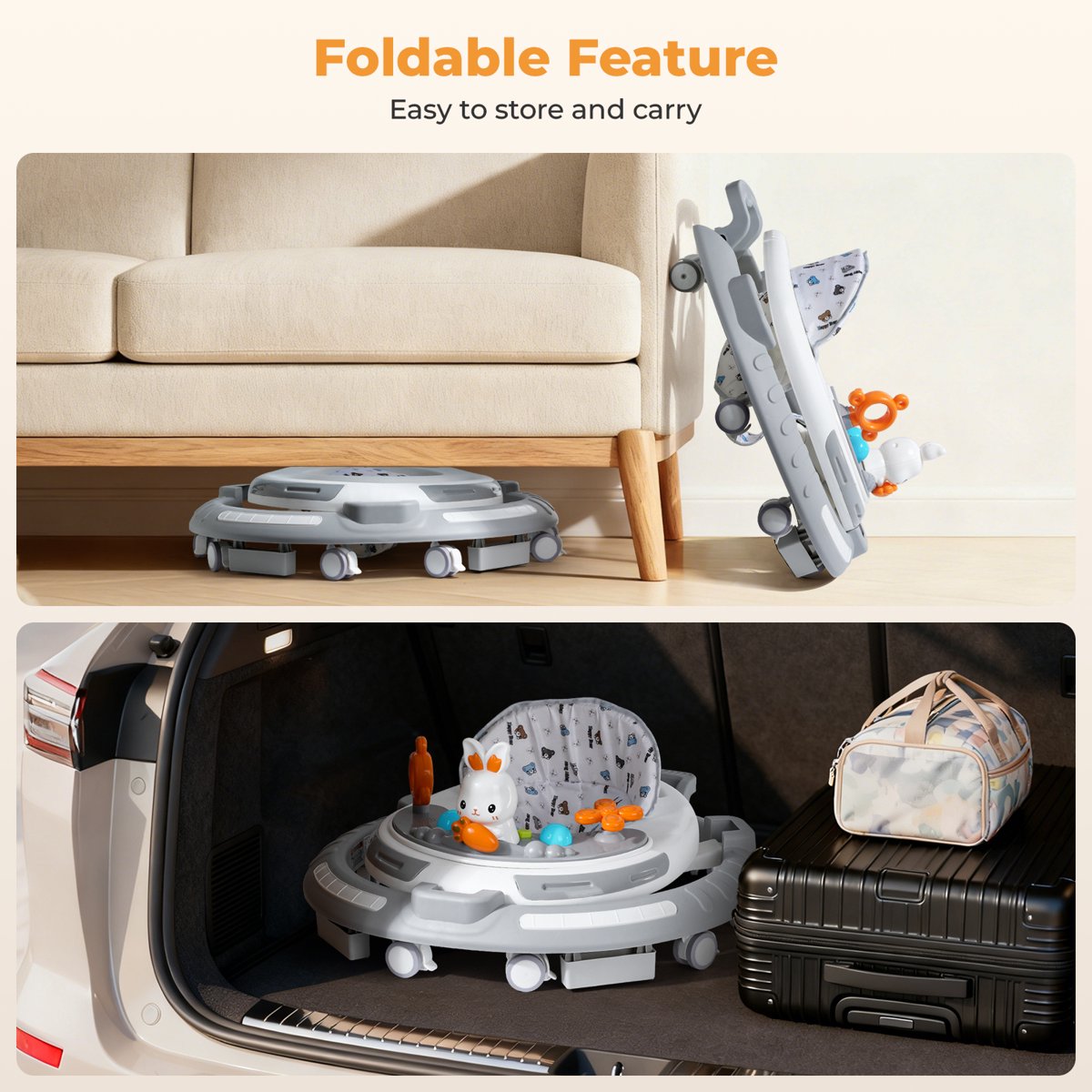 PIGLOG Baby Walker for Playtime, 4-in-1 Foldable with Adjustable Height