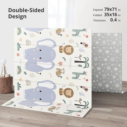 PIGLOG Baby Play Mat for Tummy Time, Foldable Jungle Friends, 79 x 71 in