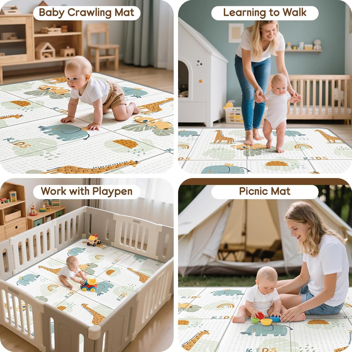 PIGLOG Baby Play Mat for Crawling, Foldable Giraffe & Elephant, 79 x 71 in