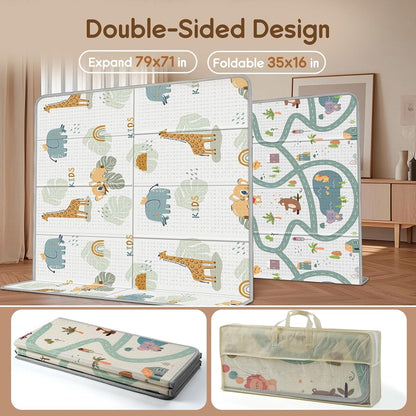 PIGLOG Baby Play Mat for Crawling, Foldable Giraffe & Elephant, 79 x 71 in