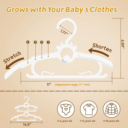 PIGLOG Baby Hangers for Nursery, 60-Pack Extendable, 11–14 in, White