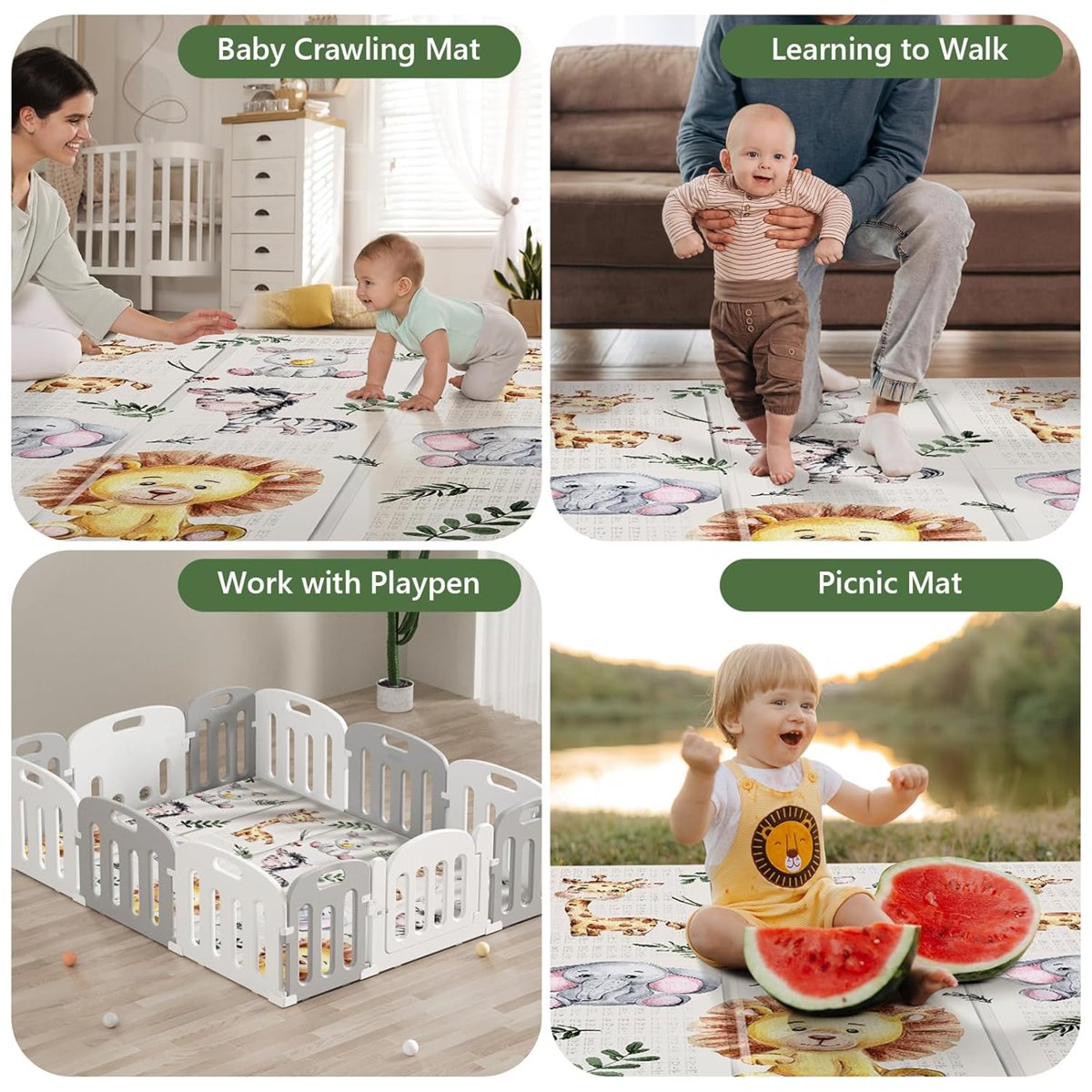 PIGLOG Baby Play Mat for Tummy Time, Foldable Safari Friends, 79 x 71 in