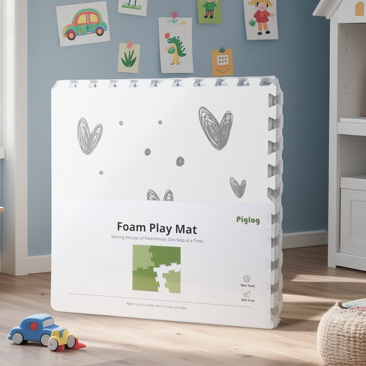 PIGLOG Baby Play Mat for Crawling, Love Print, 6 Foam Tiles, 72 x 48 in