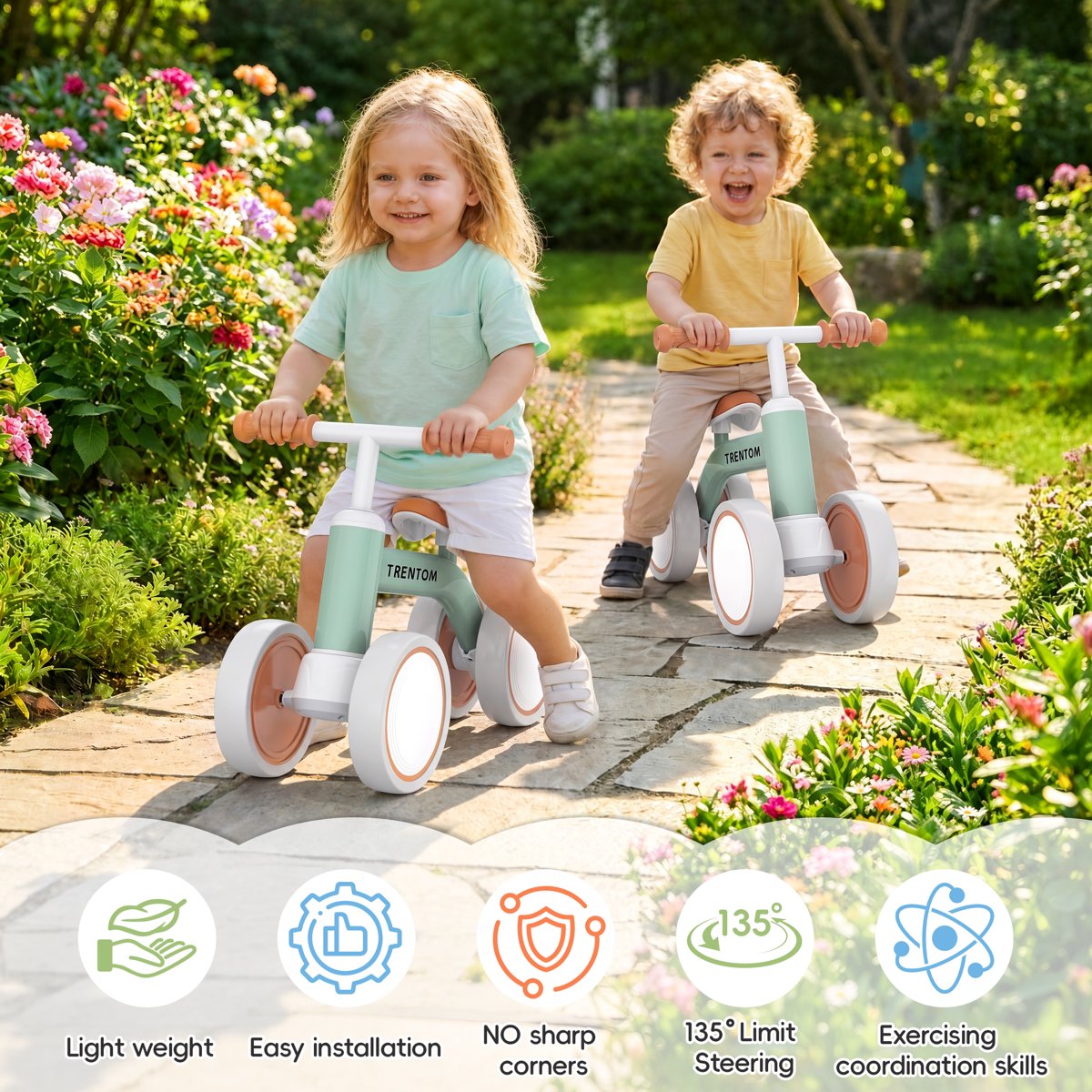 PIGLOG Balance Bike for First Rides, 4 Wheels, Adjustable Seat, Green