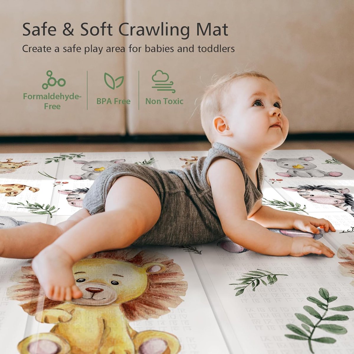 PIGLOG Baby Play Mat for Tummy Time, Foldable Safari Friends, 79 x 71 in